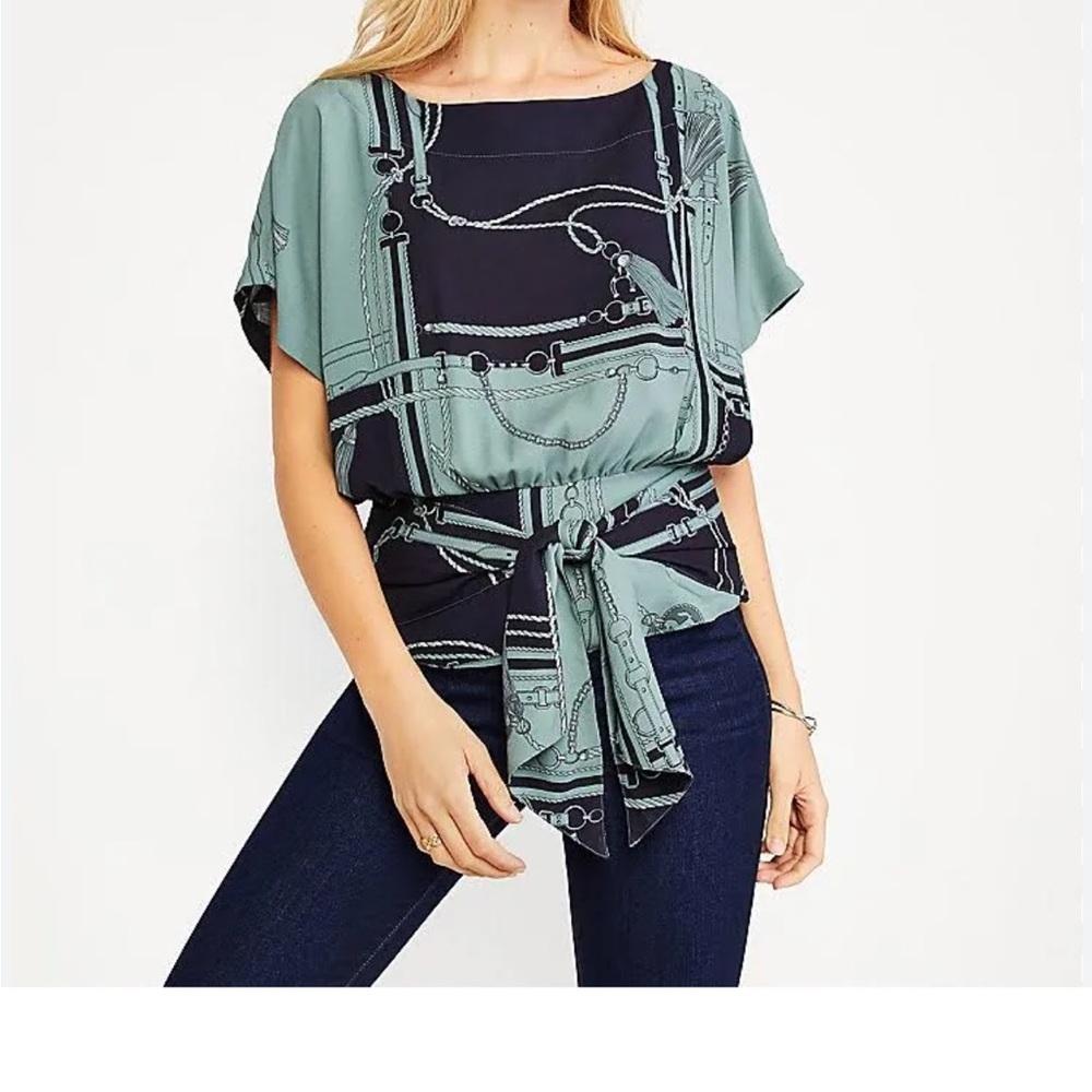 Ann Taylor HORSE top Equestrian print XL shirt navy blue & green blouse  NEW